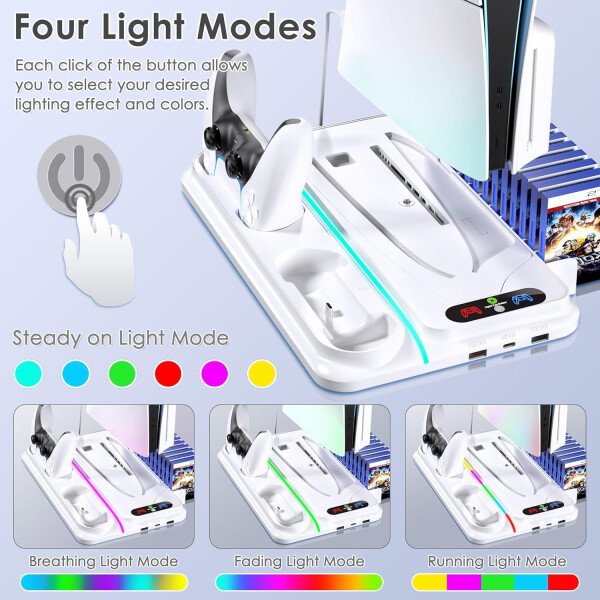 PS5 Cooling Station for PS5/Slim/Pro Disc Digital Console,PS5 Fan Cooling Fan with Dual PS 5 Controller Charger,3 Level Fan, RGB Light,12 Slot, PS5/Slim/Pro Stand for PlayStation 5 Console Accessories - Imagen 4