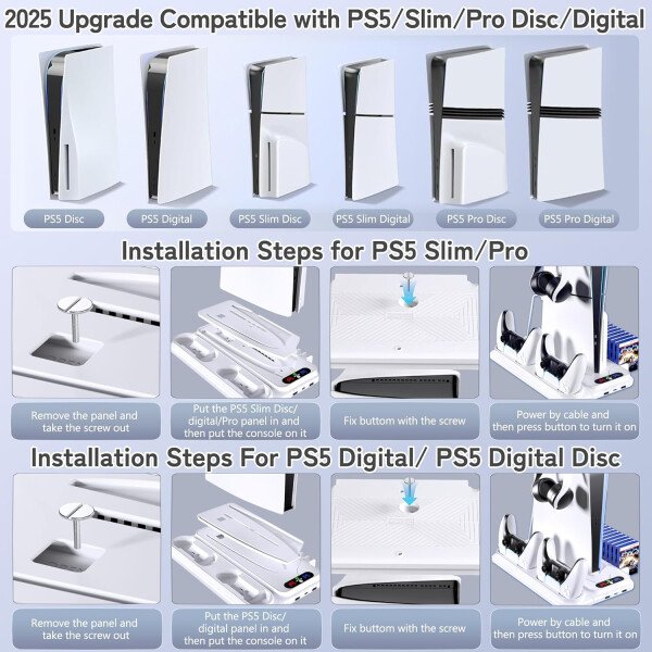 PS5 Cooling Station for PS5/Slim/Pro Disc Digital Console,PS5 Fan Cooling Fan with Dual PS 5 Controller Charger,3 Level Fan, RGB Light,12 Slot, PS5/Slim/Pro Stand for PlayStation 5 Console Accessories - Imagen 6