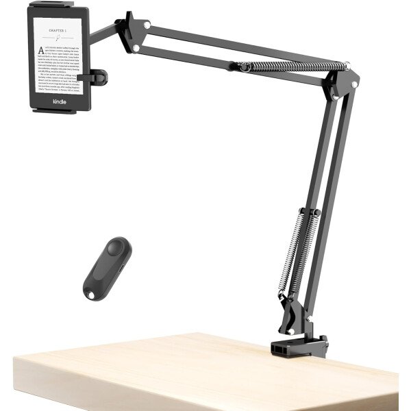Soporte de metal para tableta de lectura Kindle con clic automático, fácil de ajustar, manos libres, soporte de brazo de escritorio para accesorios Kindle con girador de páginas remoto