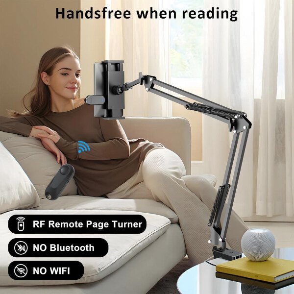 Soporte de metal para tableta de lectura Kindle con clic automático, fácil de ajustar, manos libres, soporte de brazo de escritorio para accesorios Kindle con girador de páginas remoto - Imagen 2