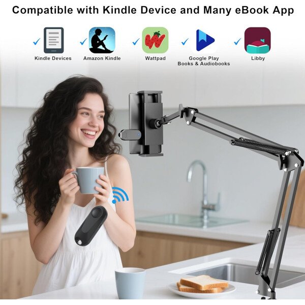 Soporte de metal para tableta de lectura Kindle con clic automático, fácil de ajustar, manos libres, soporte de brazo de escritorio para accesorios Kindle con girador de páginas remoto - Imagen 5