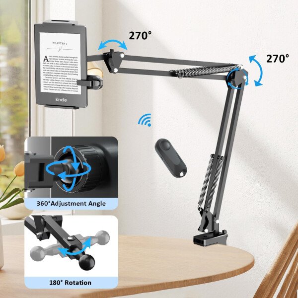 Soporte de metal para tableta de lectura Kindle con clic automático, fácil de ajustar, manos libres, soporte de brazo de escritorio para accesorios Kindle con girador de páginas remoto - Imagen 8