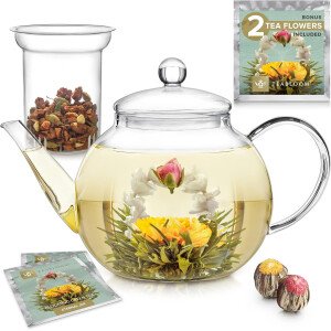 Teabloom Tetera de vidrio apta para estufa y microondas con infusor de vidrio de té suelto extraíble, incluye 2 tés florecientes, tetera y tetera 2 en 1, elección del purista de té