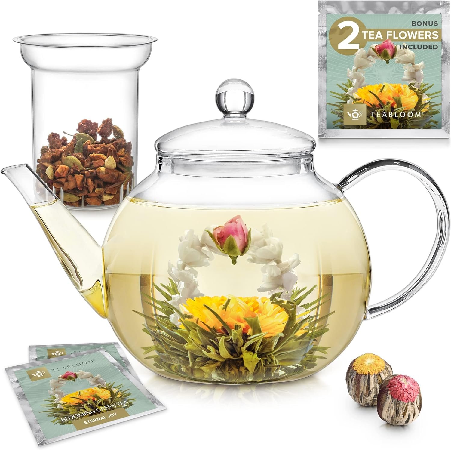 Teabloom Tetera de vidrio apta para estufa y microondas con infusor de vidrio de té suelto extraíble, incluye 2 tés florecientes, tetera y tetera 2 en 1, elección del purista de té