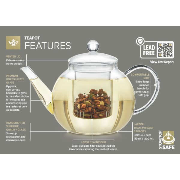 Teabloom Tetera de vidrio apta para estufa y microondas con infusor de vidrio de té suelto extraíble, incluye 2 tés florecientes, tetera y tetera 2 en 1, elección del purista de té - Imagen 4