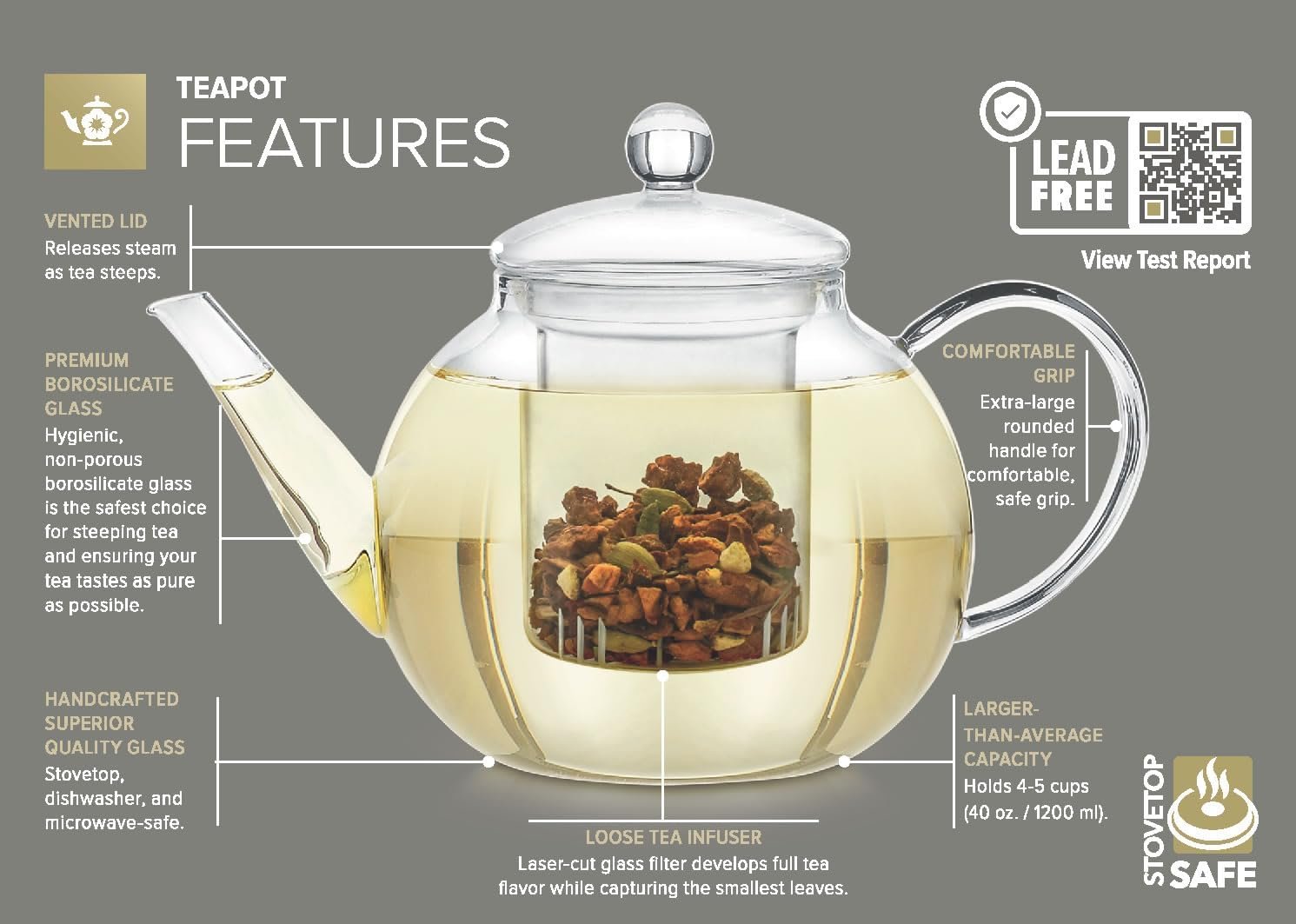 Teabloom Tetera de vidrio apta para estufa y microondas con infusor de vidrio de té suelto extraíble, incluye 2 tés florecientes, tetera y tetera 2 en 1, elección del purista de té - Imagen 4