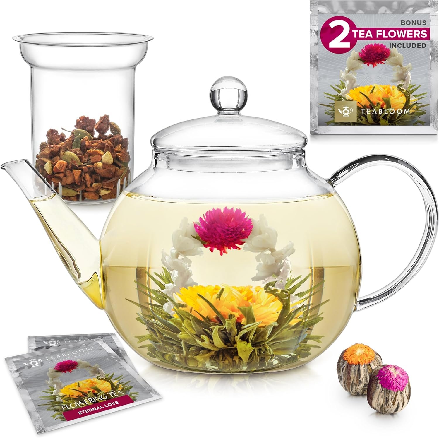Teabloom Tetera de vidrio apta para estufa y microondas con infusor de vidrio de té suelto extraíble, incluye 2 tés florecientes, tetera y tetera 2 en 1, elección del purista de té - Imagen 9