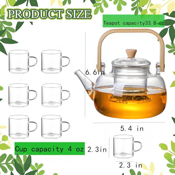 Tetera de vidrio con infusor Hervidor de té de vidrio transparente con 6 tazas de té, juego de tetera de 30.4 fl oz para estufa, té suelto, tetera de regalo - Imagen 2