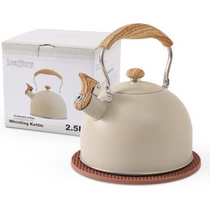 LONFFERY Tetera para estufa, hervidor de té silbante de 2.5 cuartos de galón, con mango plegable de acero inoxidable de grado alimenticio y patrón de madera, color blanco cremoso