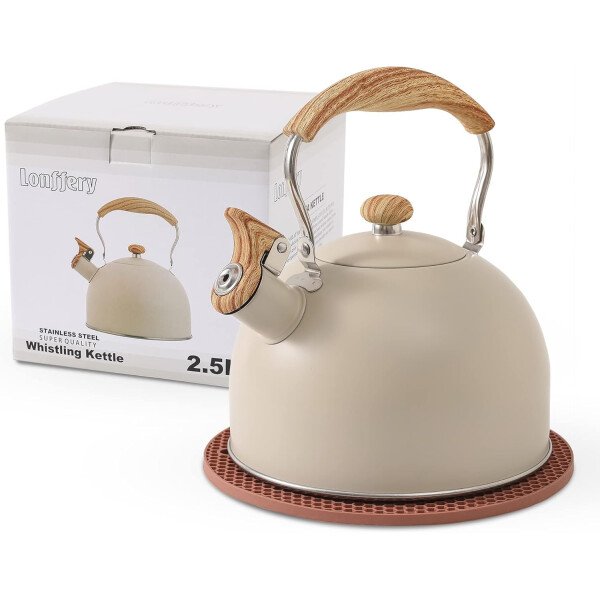 LONFFERY Tetera para estufa, hervidor de té silbante de 2.5 cuartos de galón, con mango plegable de acero inoxidable de grado alimenticio y patrón de madera, color blanco cremoso