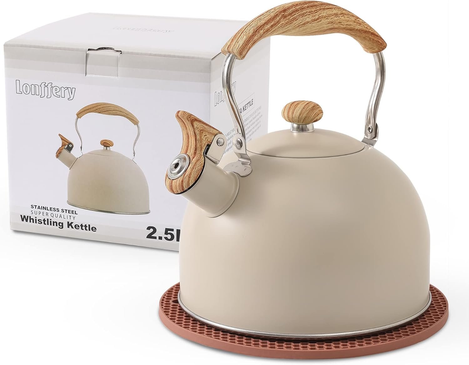 LONFFERY Tetera para estufa, hervidor de té silbante de 2.5 cuartos de galón, con mango plegable de acero inoxidable de grado alimenticio y patrón de madera, color blanco cremoso