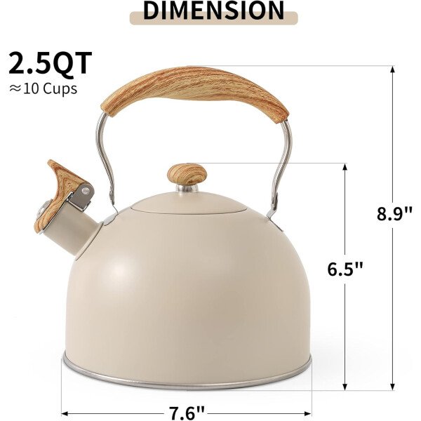 LONFFERY Tetera para estufa, hervidor de té silbante de 2.5 cuartos de galón, con mango plegable de acero inoxidable de grado alimenticio y patrón de madera, color blanco cremoso - Imagen 2