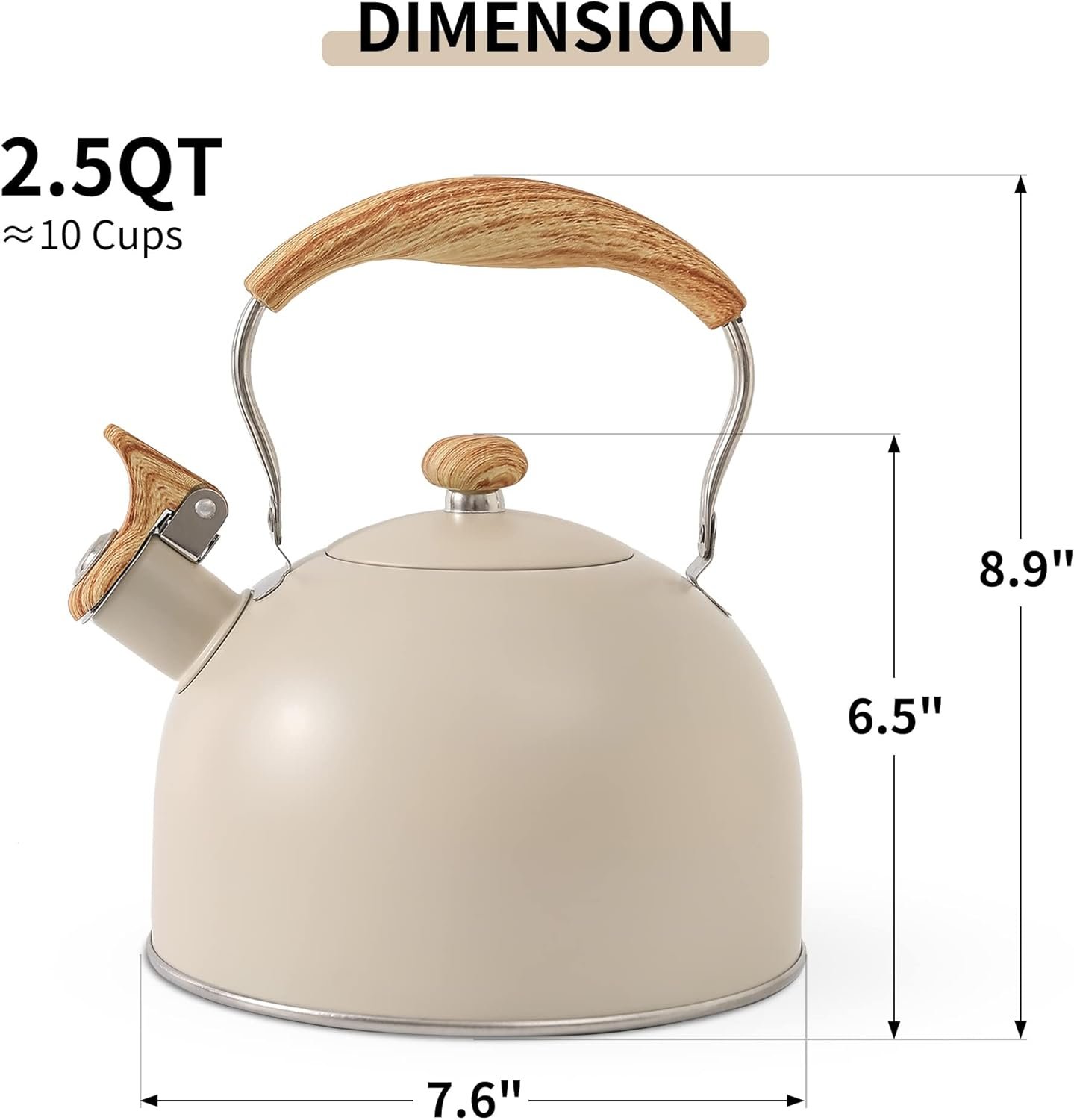 LONFFERY Tetera para estufa, hervidor de té silbante de 2.5 cuartos de galón, con mango plegable de acero inoxidable de grado alimenticio y patrón de madera, color blanco cremoso - Imagen 2