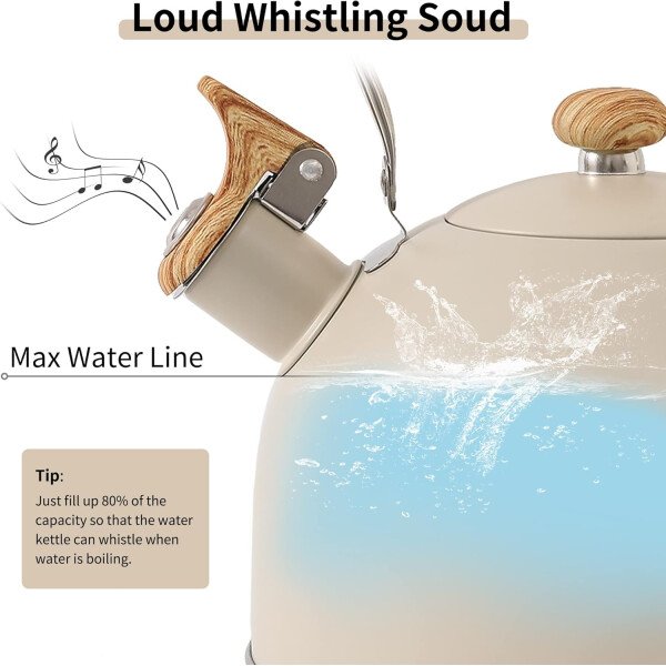 LONFFERY Tetera para estufa, hervidor de té silbante de 2.5 cuartos de galón, con mango plegable de acero inoxidable de grado alimenticio y patrón de madera, color blanco cremoso - Imagen 3