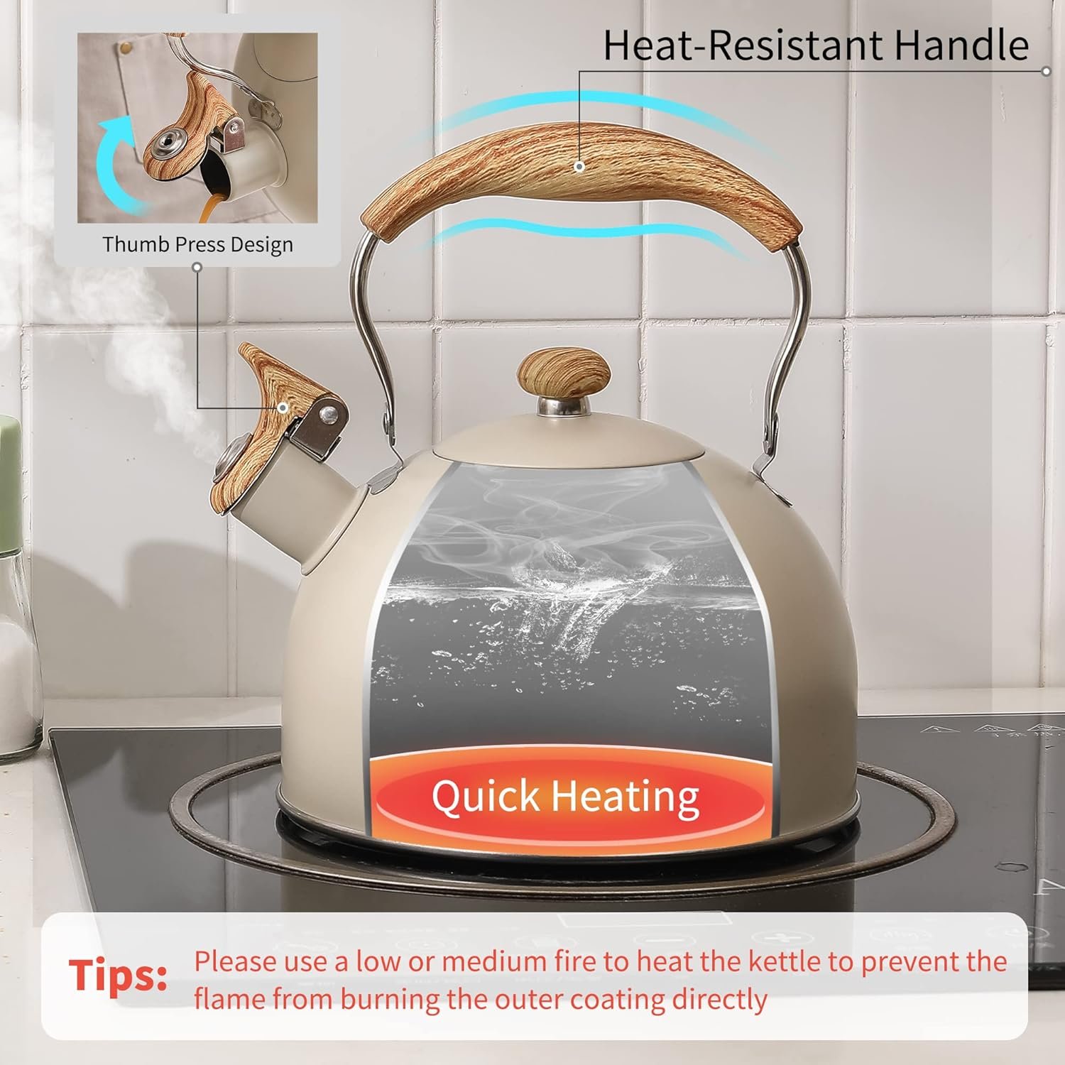 LONFFERY Tetera para estufa, hervidor de té silbante de 2.5 cuartos de galón, con mango plegable de acero inoxidable de grado alimenticio y patrón de madera, color blanco cremoso - Imagen 4