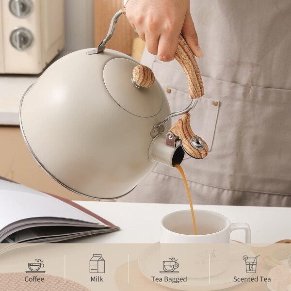 LONFFERY Tetera para estufa, hervidor de té silbante de 2.5 cuartos de galón, con mango plegable de acero inoxidable de grado alimenticio y patrón de madera, color blanco cremoso - Imagen 5