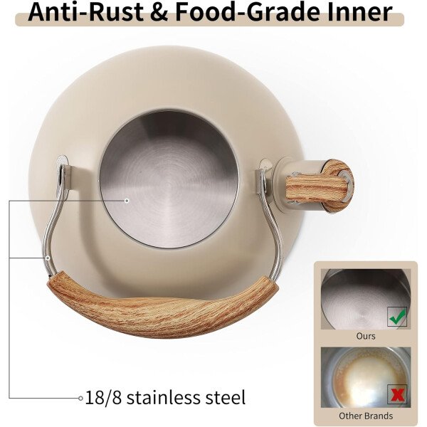 LONFFERY Tetera para estufa, hervidor de té silbante de 2.5 cuartos de galón, con mango plegable de acero inoxidable de grado alimenticio y patrón de madera, color blanco cremoso - Imagen 6