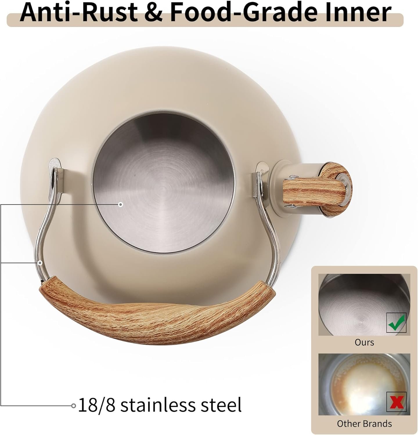 LONFFERY Tetera para estufa, hervidor de té silbante de 2.5 cuartos de galón, con mango plegable de acero inoxidable de grado alimenticio y patrón de madera, color blanco cremoso - Imagen 6