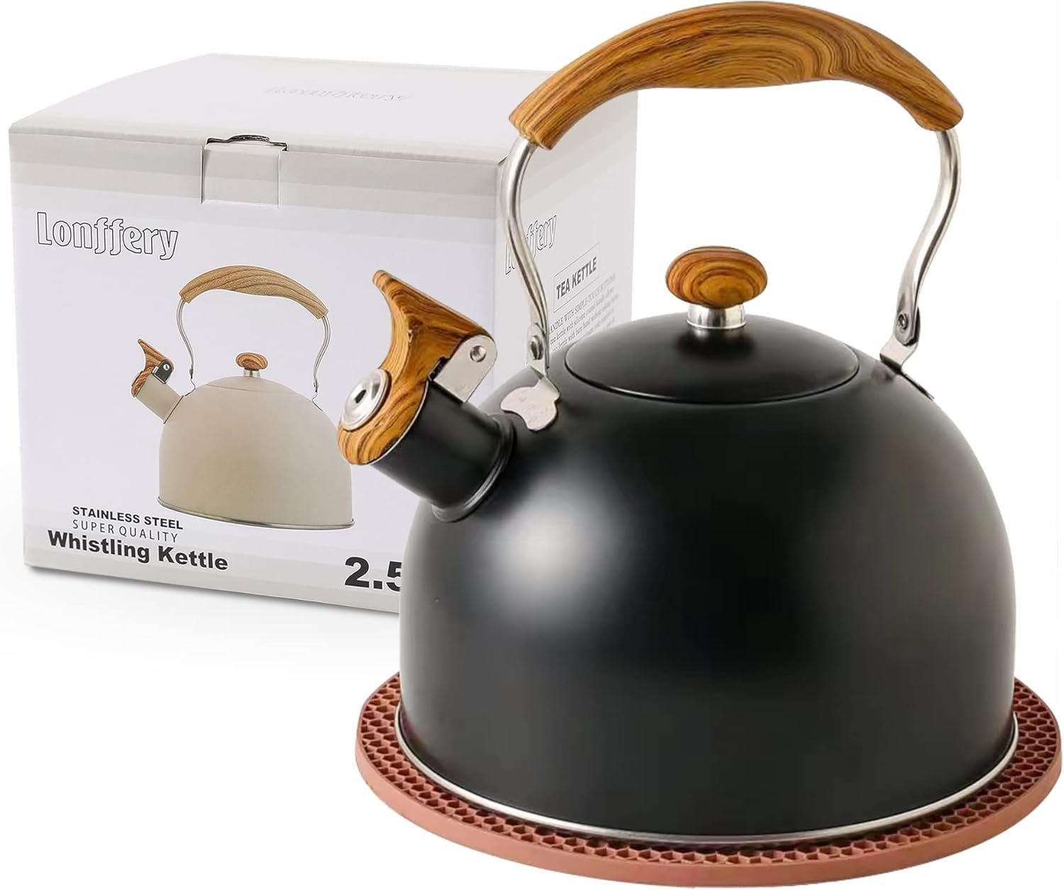 LONFFERY Tetera para estufa, hervidor de té silbante de 2.5 cuartos de galón, con mango plegable de acero inoxidable de grado alimenticio y patrón de madera, color blanco cremoso - Imagen 8