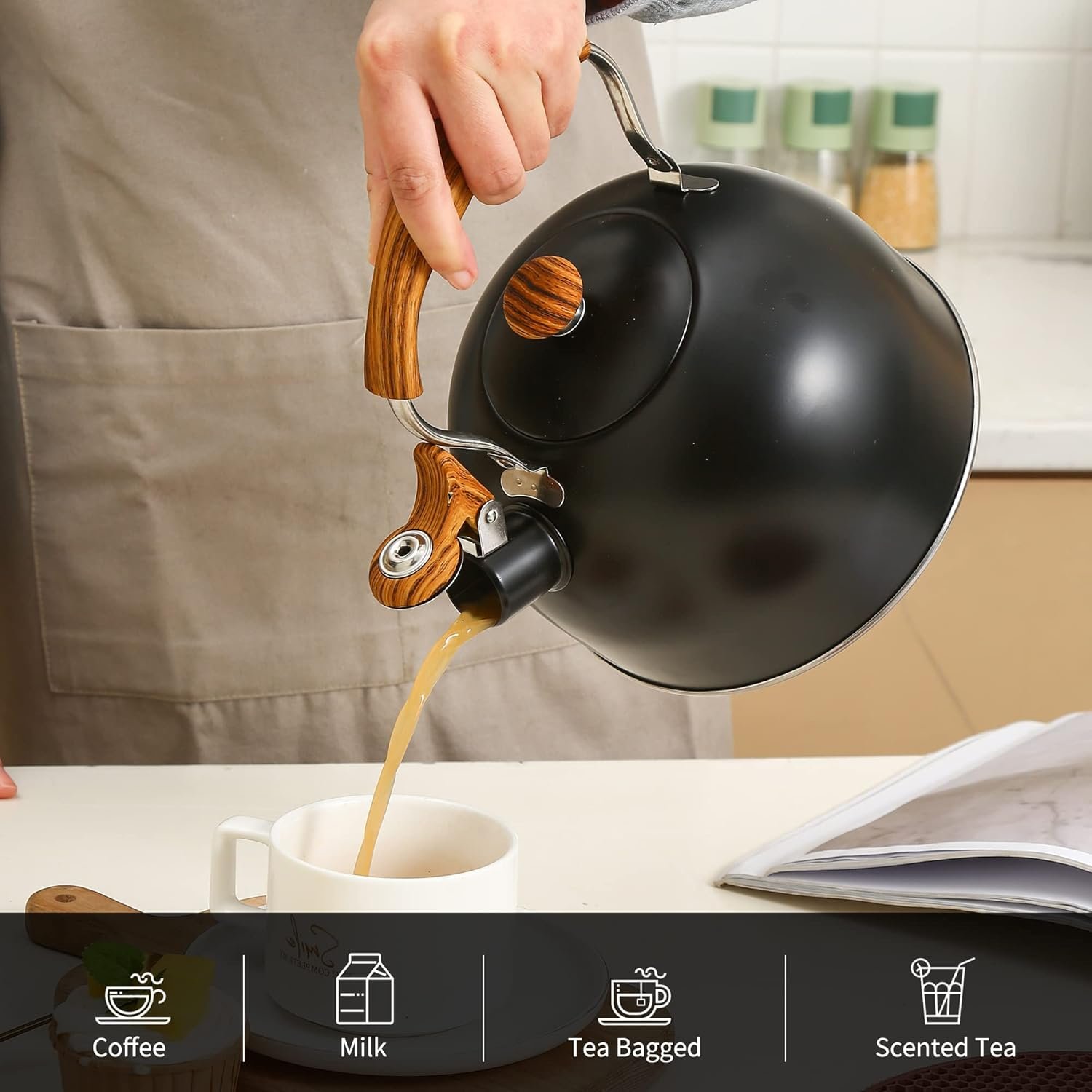 LONFFERY Tetera para estufa, hervidor de té silbante de 2.5 cuartos de galón, con mango plegable de acero inoxidable de grado alimenticio y patrón de madera, color blanco cremoso - Imagen 9