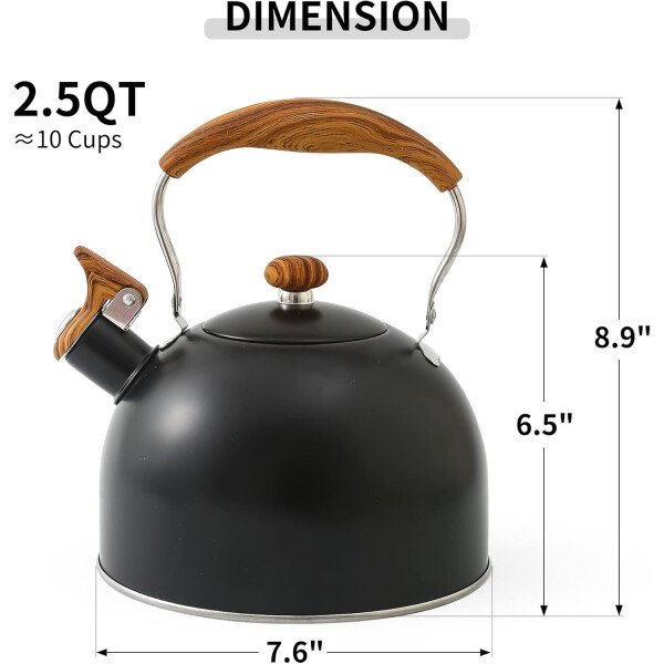 LONFFERY Tetera para estufa, hervidor de té silbante de 2.5 cuartos de galón, con mango plegable de acero inoxidable de grado alimenticio y patrón de madera, color blanco cremoso - Imagen 10