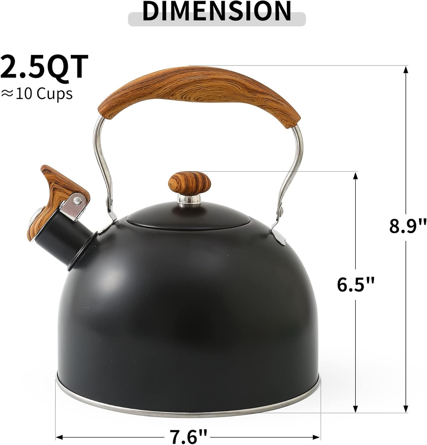 LONFFERY Tetera para estufa, hervidor de té silbante de 2.5 cuartos de galón, con mango plegable de acero inoxidable de grado alimenticio y patrón de madera, color blanco cremoso - Imagen 10