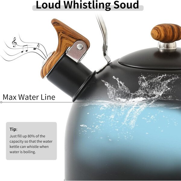 LONFFERY Tetera para estufa, hervidor de té silbante de 2.5 cuartos de galón, con mango plegable de acero inoxidable de grado alimenticio y patrón de madera, color blanco cremoso - Imagen 11