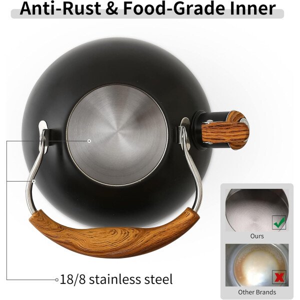 LONFFERY Tetera para estufa, hervidor de té silbante de 2.5 cuartos de galón, con mango plegable de acero inoxidable de grado alimenticio y patrón de madera, color blanco cremoso - Imagen 13