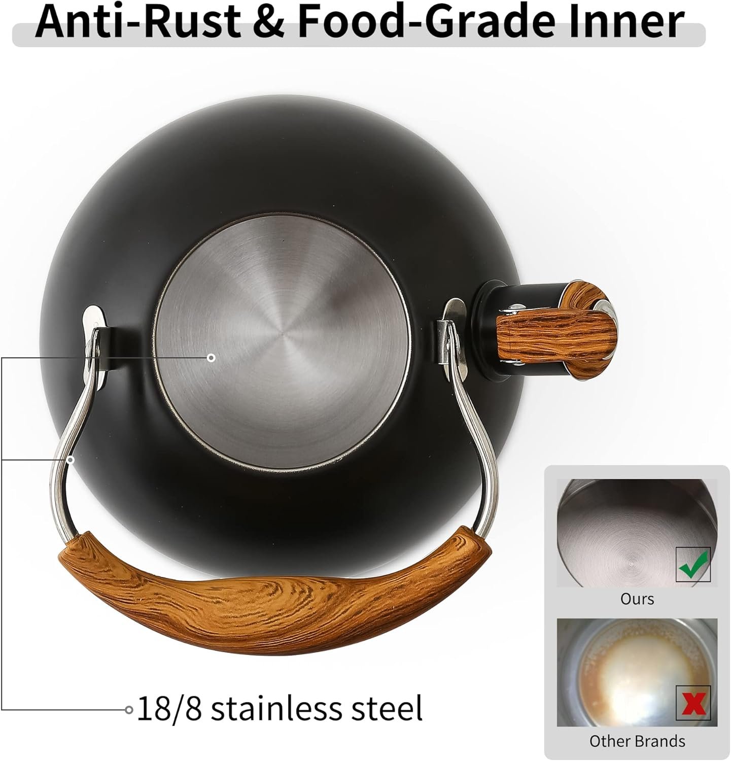 LONFFERY Tetera para estufa, hervidor de té silbante de 2.5 cuartos de galón, con mango plegable de acero inoxidable de grado alimenticio y patrón de madera, color blanco cremoso - Imagen 13
