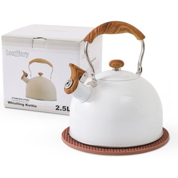 LONFFERY Tetera para estufa, hervidor de té silbante de 2.5 cuartos de galón, con mango plegable de acero inoxidable de grado alimenticio y patrón de madera, color blanco cremoso - Imagen 15