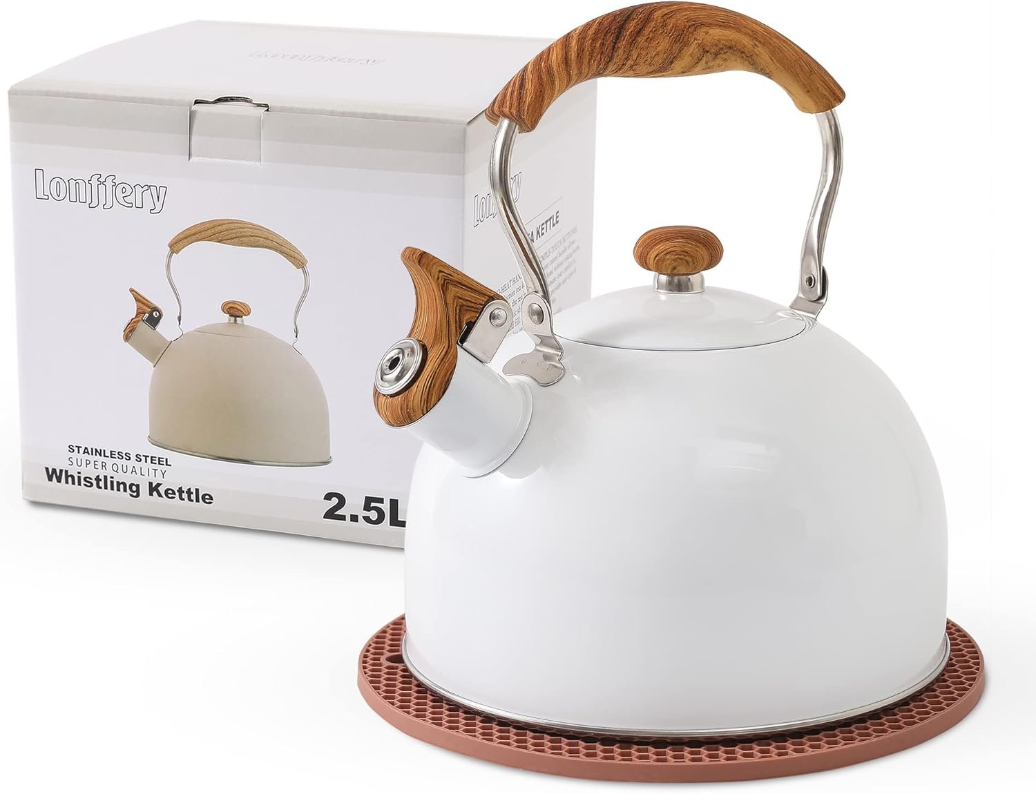 LONFFERY Tetera para estufa, hervidor de té silbante de 2.5 cuartos de galón, con mango plegable de acero inoxidable de grado alimenticio y patrón de madera, color blanco cremoso - Imagen 15