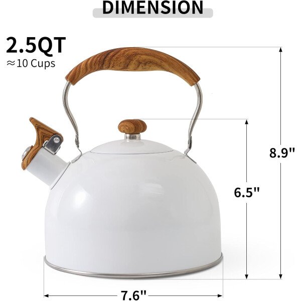 LONFFERY Tetera para estufa, hervidor de té silbante de 2.5 cuartos de galón, con mango plegable de acero inoxidable de grado alimenticio y patrón de madera, color blanco cremoso - Imagen 16