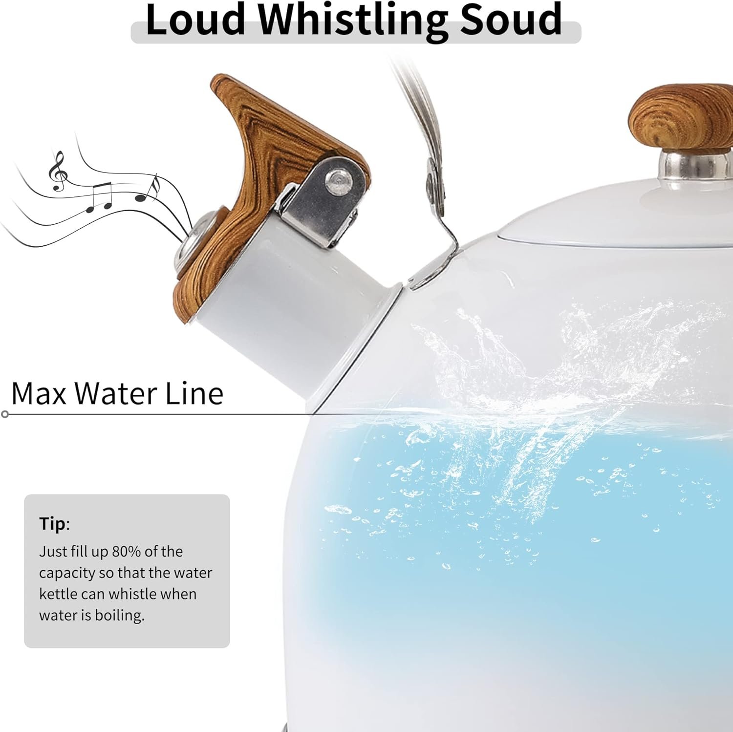 LONFFERY Tetera para estufa, hervidor de té silbante de 2.5 cuartos de galón, con mango plegable de acero inoxidable de grado alimenticio y patrón de madera, color blanco cremoso - Imagen 17