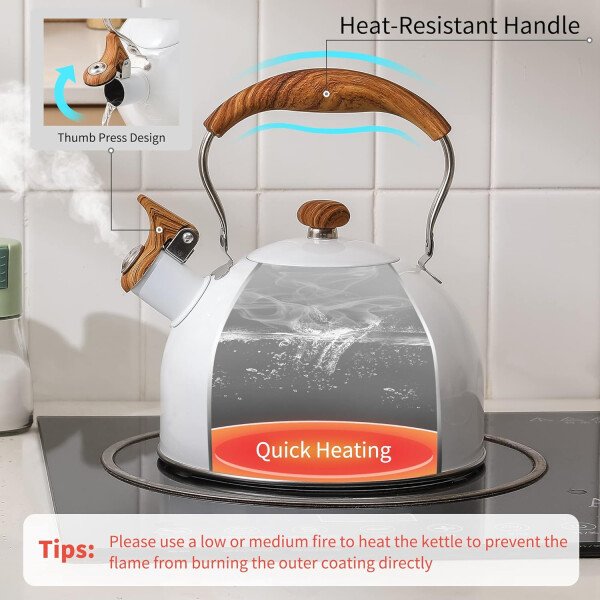 LONFFERY Tetera para estufa, hervidor de té silbante de 2.5 cuartos de galón, con mango plegable de acero inoxidable de grado alimenticio y patrón de madera, color blanco cremoso - Imagen 18