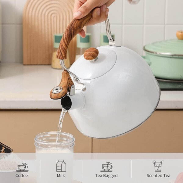 LONFFERY Tetera para estufa, hervidor de té silbante de 2.5 cuartos de galón, con mango plegable de acero inoxidable de grado alimenticio y patrón de madera, color blanco cremoso - Imagen 19