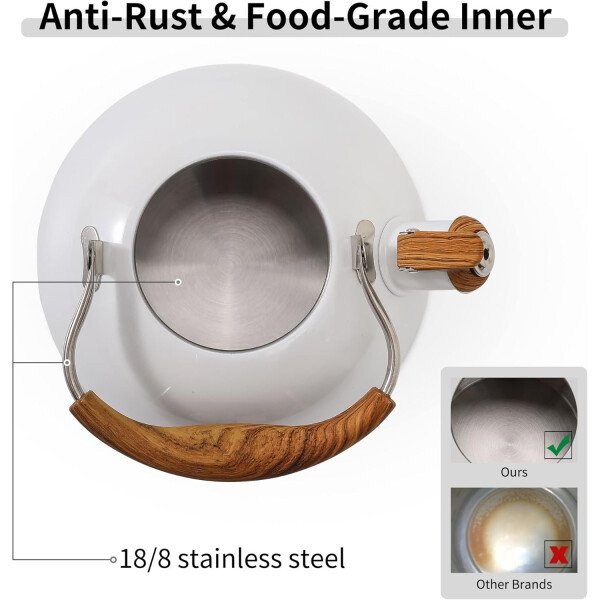 LONFFERY Tetera para estufa, hervidor de té silbante de 2.5 cuartos de galón, con mango plegable de acero inoxidable de grado alimenticio y patrón de madera, color blanco cremoso - Imagen 20