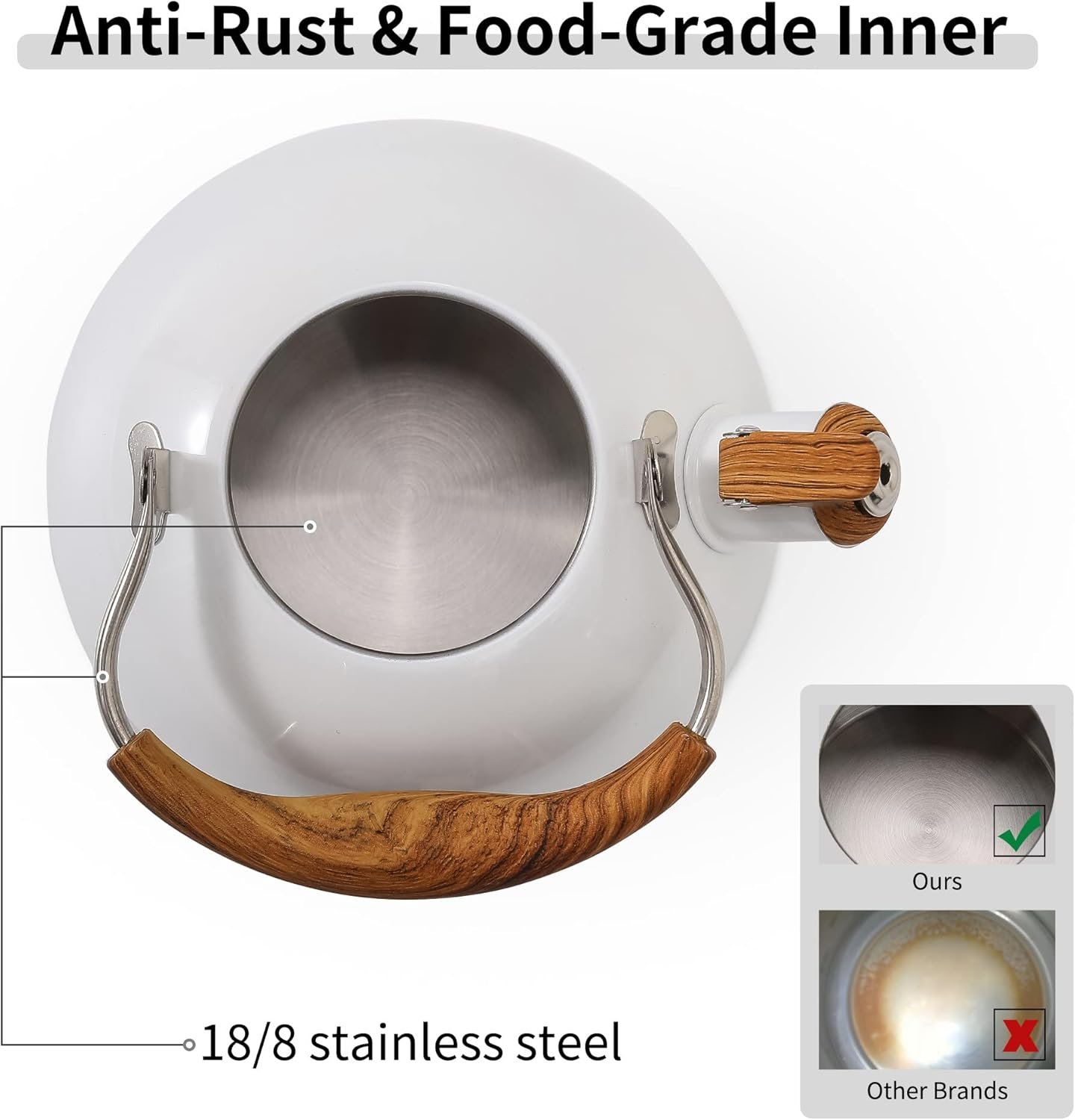 LONFFERY Tetera para estufa, hervidor de té silbante de 2.5 cuartos de galón, con mango plegable de acero inoxidable de grado alimenticio y patrón de madera, color blanco cremoso - Imagen 20