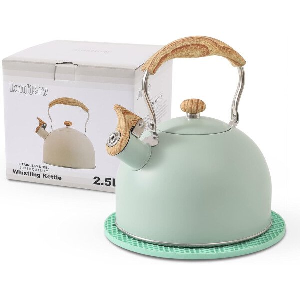 LONFFERY Tetera para estufa, hervidor de té silbante de 2.5 cuartos de galón, con mango plegable de acero inoxidable de grado alimenticio y patrón de madera, color blanco cremoso - Imagen 22