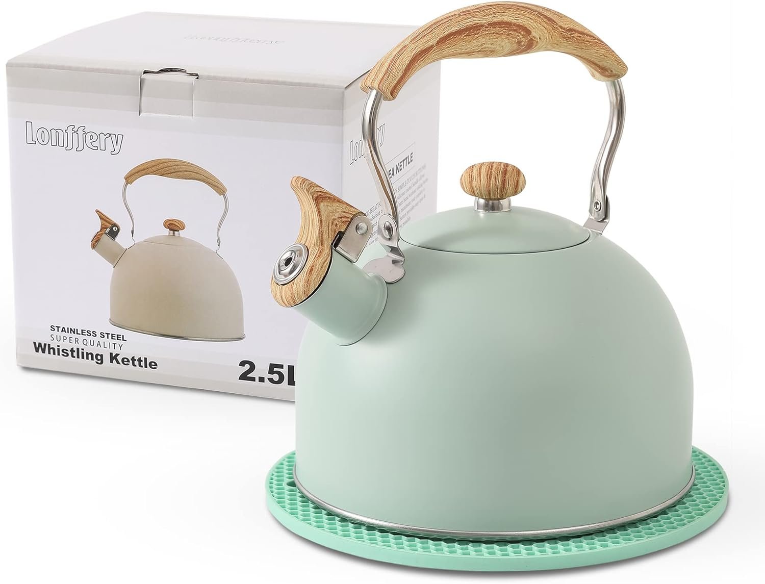 LONFFERY Tetera para estufa, hervidor de té silbante de 2.5 cuartos de galón, con mango plegable de acero inoxidable de grado alimenticio y patrón de madera, color blanco cremoso - Imagen 22