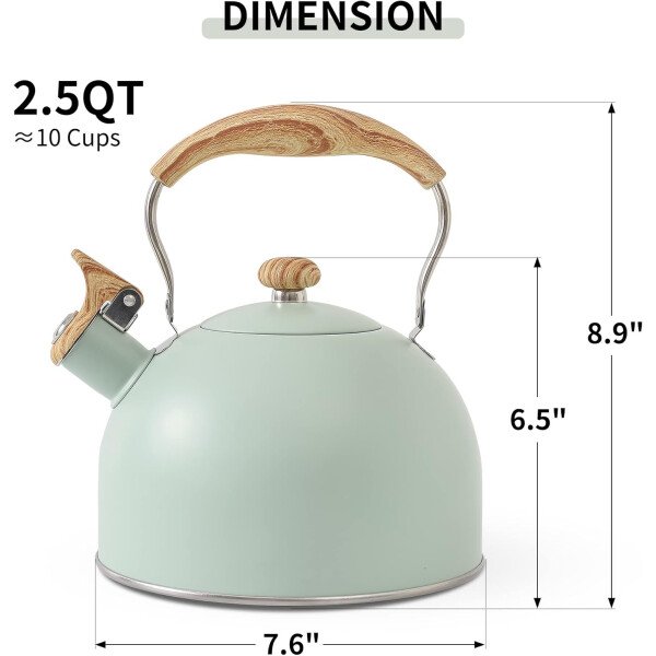 LONFFERY Tetera para estufa, hervidor de té silbante de 2.5 cuartos de galón, con mango plegable de acero inoxidable de grado alimenticio y patrón de madera, color blanco cremoso - Imagen 23