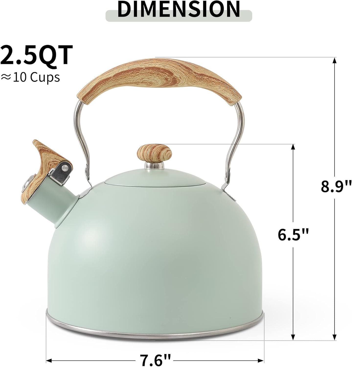 LONFFERY Tetera para estufa, hervidor de té silbante de 2.5 cuartos de galón, con mango plegable de acero inoxidable de grado alimenticio y patrón de madera, color blanco cremoso - Imagen 23