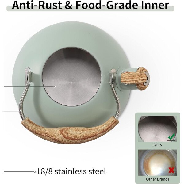 LONFFERY Tetera para estufa, hervidor de té silbante de 2.5 cuartos de galón, con mango plegable de acero inoxidable de grado alimenticio y patrón de madera, color blanco cremoso - Imagen 24