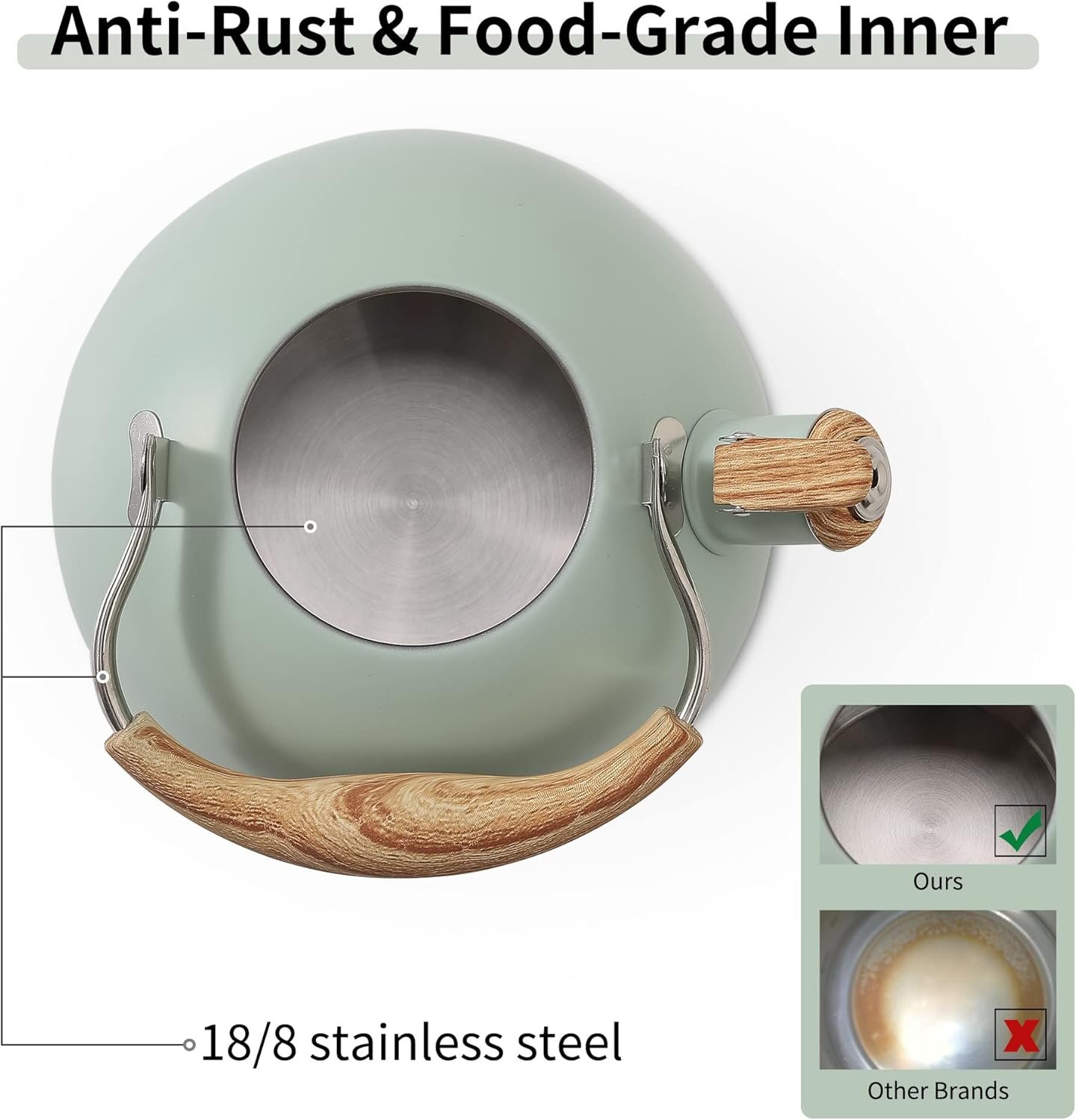 LONFFERY Tetera para estufa, hervidor de té silbante de 2.5 cuartos de galón, con mango plegable de acero inoxidable de grado alimenticio y patrón de madera, color blanco cremoso - Imagen 24