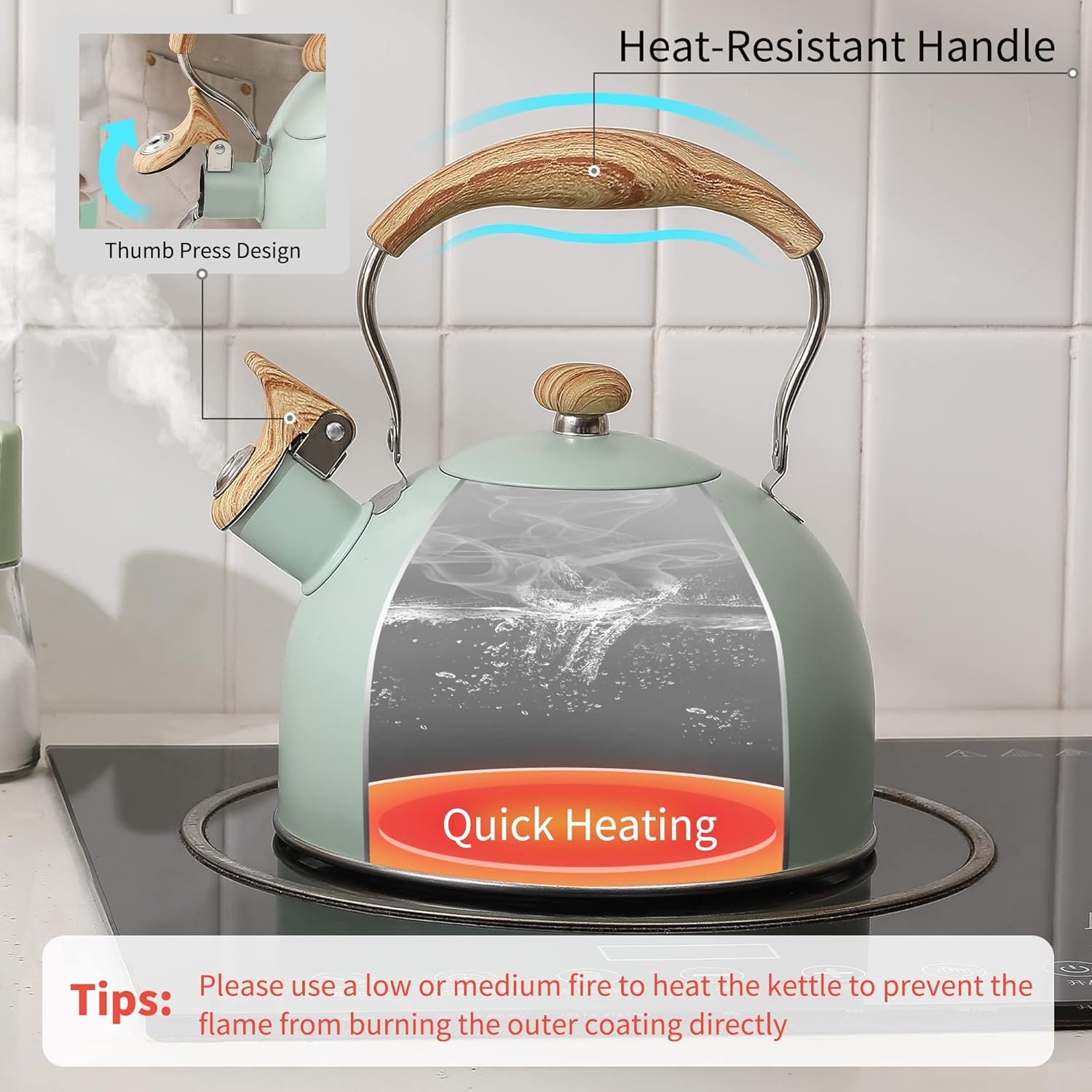 LONFFERY Tetera para estufa, hervidor de té silbante de 2.5 cuartos de galón, con mango plegable de acero inoxidable de grado alimenticio y patrón de madera, color blanco cremoso - Imagen 26