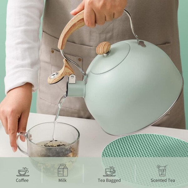 LONFFERY Tetera para estufa, hervidor de té silbante de 2.5 cuartos de galón, con mango plegable de acero inoxidable de grado alimenticio y patrón de madera, color blanco cremoso - Imagen 28