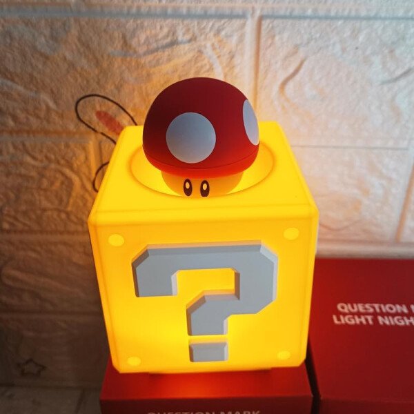 Super Bros - Lámpara de hongo, luz nocturna de bloque de preguntas, lámpara de noche con efecto de sonido de moneda de juego, para decoración de habitación infantil, regalos de cumpleaños