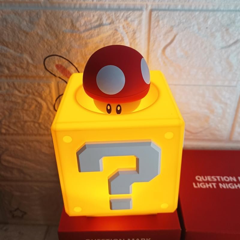 Super Bros - Lámpara de hongo, luz nocturna de bloque de preguntas, lámpara de noche con efecto de sonido de moneda de juego, para decoración de habitación infantil, regalos de cumpleaños
