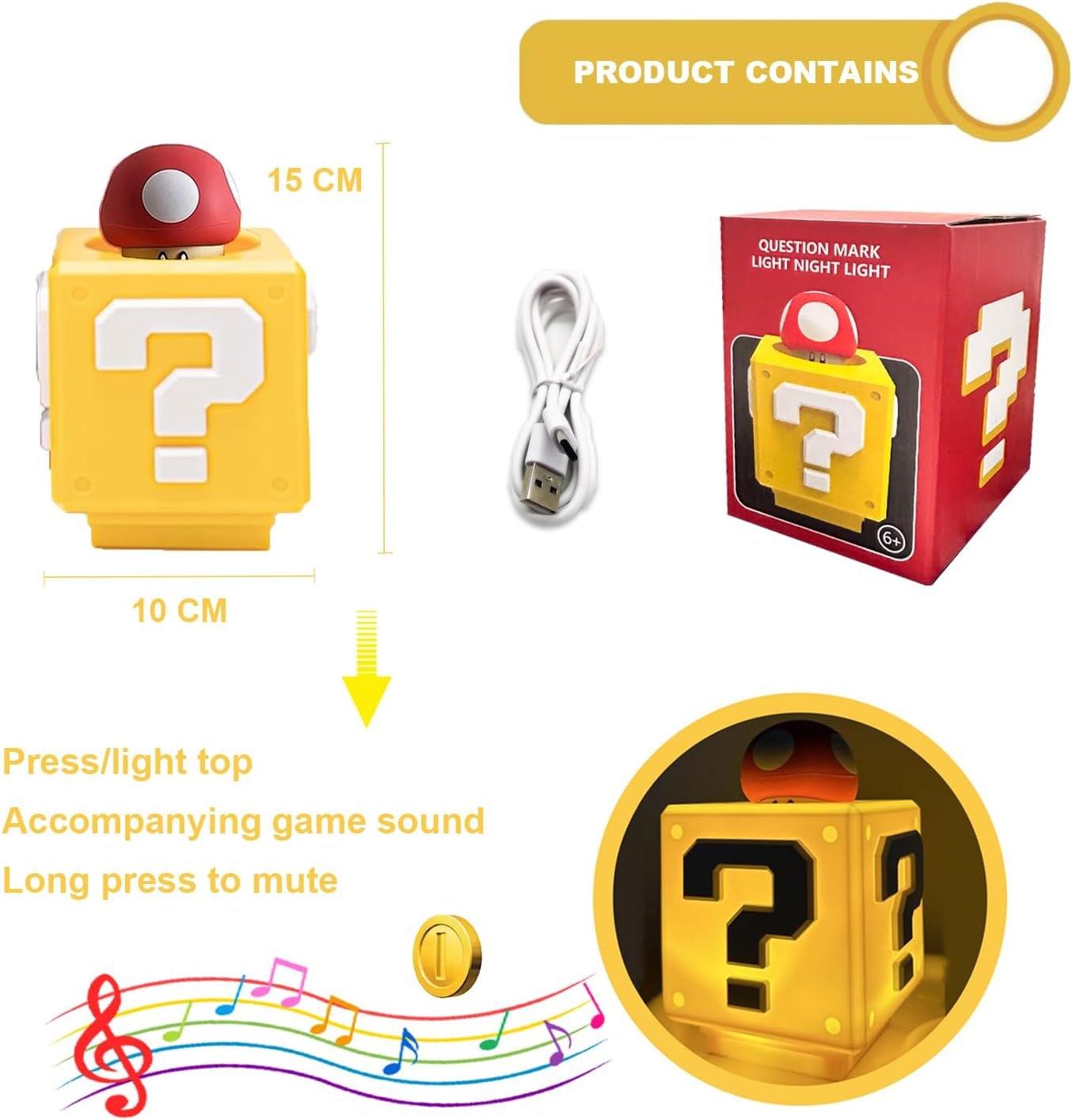 Super Bros - Lámpara de hongo, luz nocturna de bloque de preguntas, lámpara de noche con efecto de sonido de moneda de juego, para decoración de habitación infantil, regalos de cumpleaños - Imagen 3