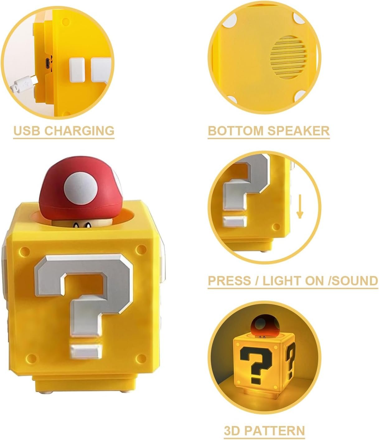 Super Bros - Lámpara de hongo, luz nocturna de bloque de preguntas, lámpara de noche con efecto de sonido de moneda de juego, para decoración de habitación infantil, regalos de cumpleaños - Imagen 4