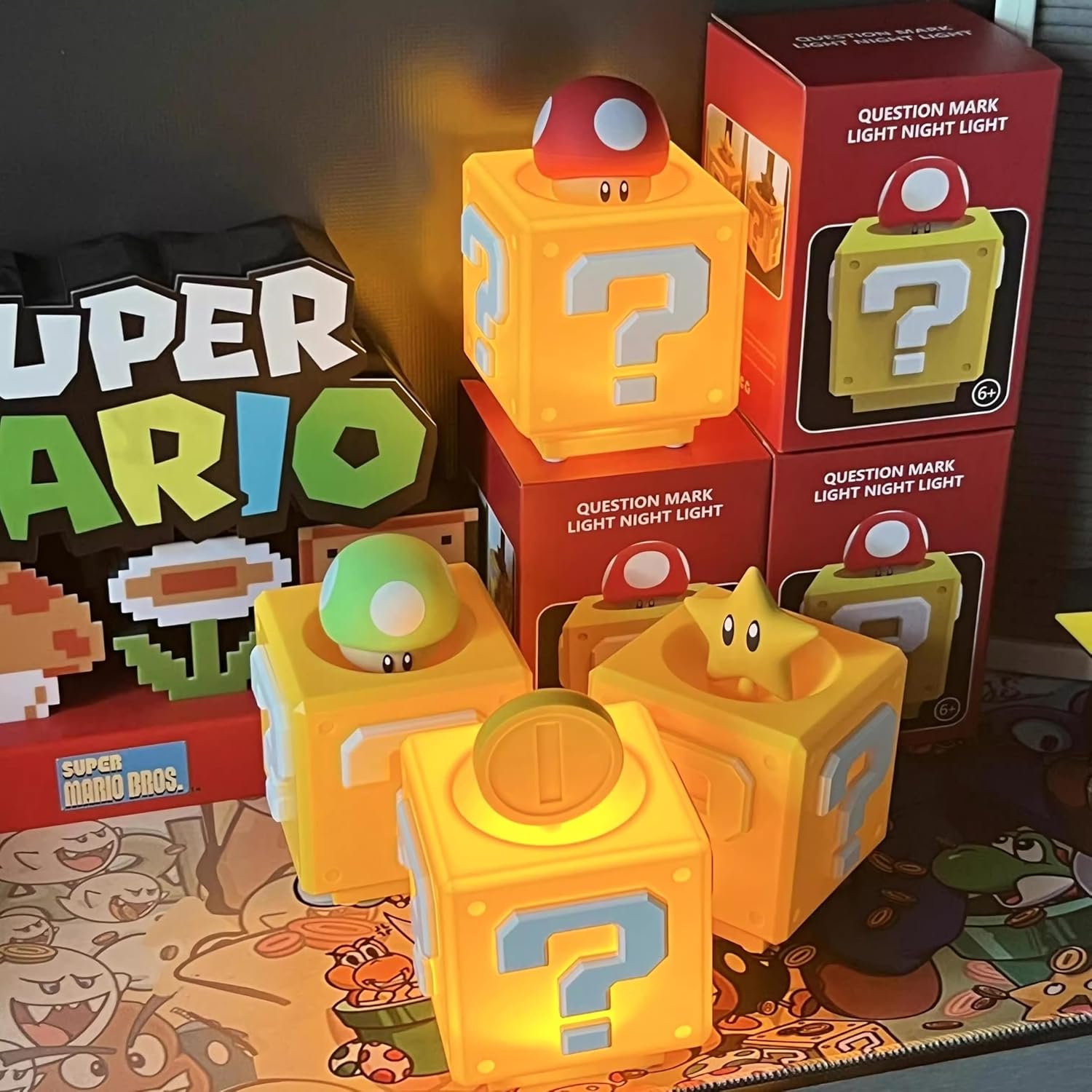 Super Bros - Lámpara de hongo, luz nocturna de bloque de preguntas, lámpara de noche con efecto de sonido de moneda de juego, para decoración de habitación infantil, regalos de cumpleaños - Imagen 5
